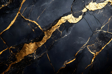 Close-up of a black and gold marble wall texture with high contrast black background, elegant and modern design.