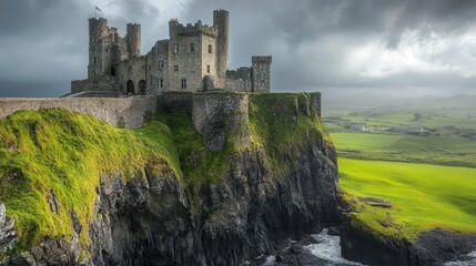 dramatic cliffside castle where banners flutter in the wind and storm clouds gather over the horizon, Generative AI