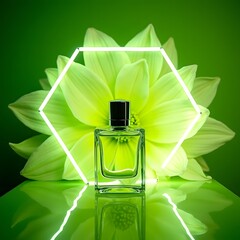 Luminous Lime Green Flower Backdrop: Perfume Bottle in Neon Light Glow