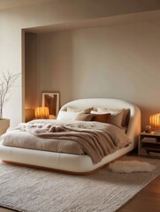 A beige bedroom with a modern bed and a textured rug.
