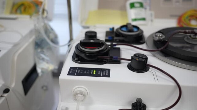 Hemodialysis tubes connected to a hemodialysis machine. Healthcare, blood purification, kidney failure, transplant. Device for performing blood purification procedures
