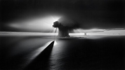 A powerful, dramatic vista of a nuclear explosion over water.