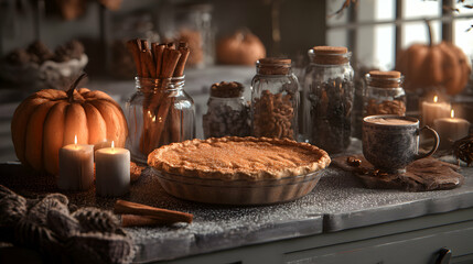Autumnal kitchen centerpiece featuring a pumpkin pie and warm coffee offering a cozy and inviting scene