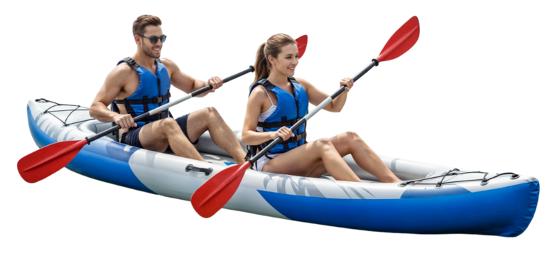A couple sitting in an inflatable kayak