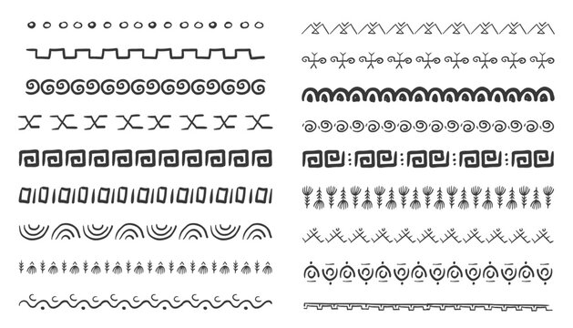 Ethnic tribal border, traditional hand drawn divider, doodle separator. Ancient motif line geometric brush, for frames, design element. 
