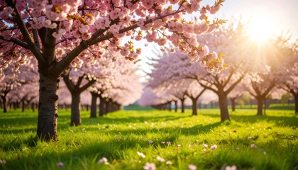 Fototapeta premium Beautiful cherry blossom trees rows at sunset illuminating green grass field