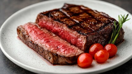 Fototapeta premium Sliced Grilled Steak on a White Plate, Garnished with Fresh Tomatoes and Rosemary Sprig