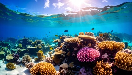 Obraz premium Underwater view of sun shining on colorful coral reef and tropical fish