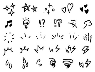手描きの装飾セット。かわいい線画。星、ハートなど記号のイラスト。ペンで描いた感情のアイコン。