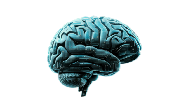 Digital brain with circuit and AI concept. 3D isolated on transparent background,  Brain Glowing PNG 