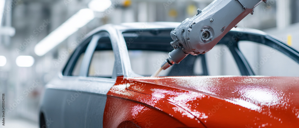 Poster highangle view of robotic arm painting car body industrial automation red paint modern factory techn