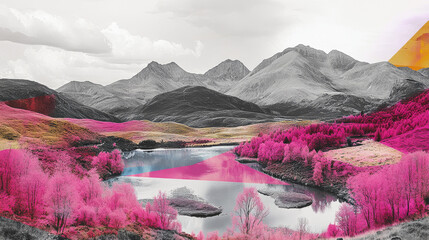 Surreal infrared alpine landscape with vivid pink trees, reflective mountain lake, snowy peaks, and bright cloudy sky — dreamlike nature scenery in enhanced color spectrum for design, travel, and edit