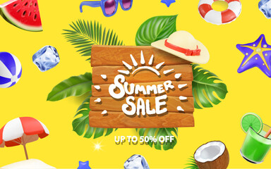 Summer sale wooden banner, beach umbrella, beach chair, star fish, watermelon, cocktail. on yellow background, Discount special offer poster, Promo banner 3d
