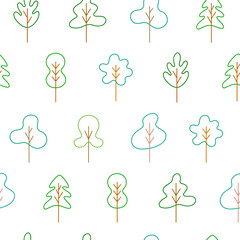 Green tree vector line art seamless pattern. Wood with leaf natural collection outline style. Simple tree design elements.