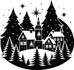 Christmas Village Silhouette with Pine Trees