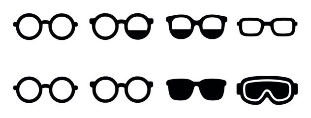 Set of black eyeglass and sunglasses silhouettes in various styles