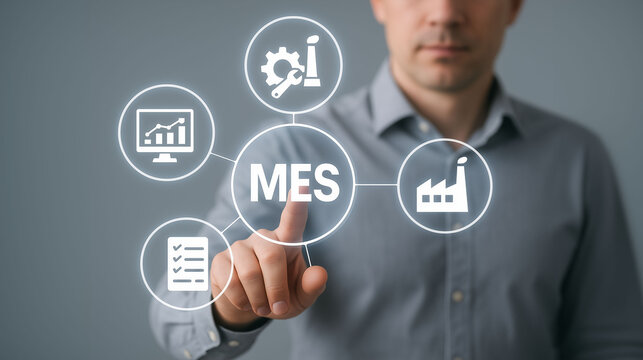 businessman presenting MES manufacturing execution system holographic interface showcasing integrated automation data analysis and process optimization in dynamic software monitoring tracking document