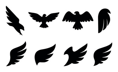 Bird silhouettes and wing designs collection in black on white