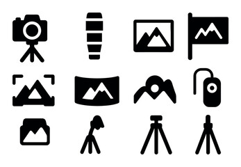 Camera and photography icons set: tripods, lenses, frames, flags