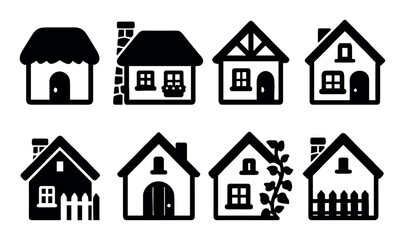 Set of eight black and white house icons with varied designs