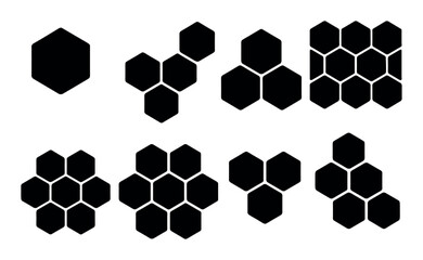 Black hexagon patterns and shapes in various arrangements