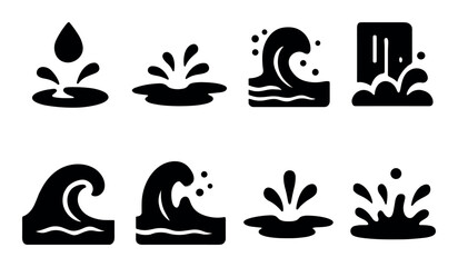 Naklejka premium Water splash and wave icons collection in black and white
