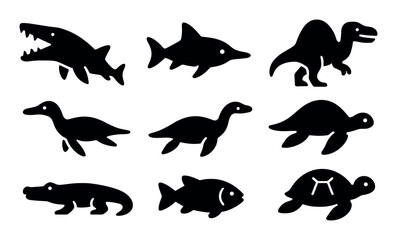 Fototapeta premium Silhouette icons of prehistoric animals and marine creatures