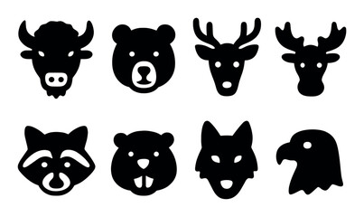 Silhouette icons of animal faces: bear, deer, raccoon, wolf