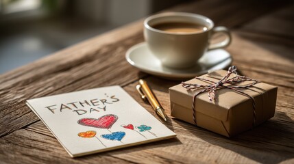 Father’s Day greeting card with hand-drawn hearts next to a gift box and a coffee cup on rustic wooden table, perfect for family celebration visuals and heartfelt appreciation scenes

