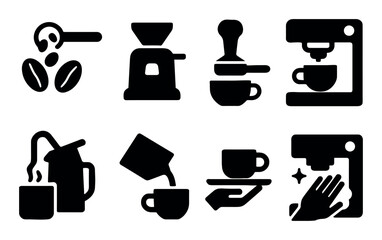 Coffee brewing symbols: tools, cups, machines icon set