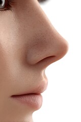 Front view of human nose and surrounding skin, isolated on white. Useful for rhinoplasty and dermatology.