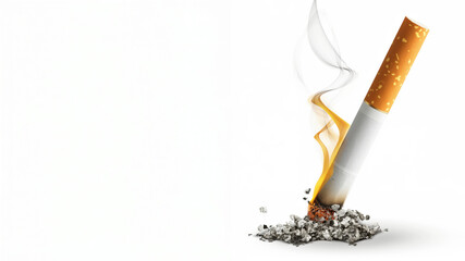 Lit cigarette with ash and smoke on white background. Tobacco and health hazard concept.  
