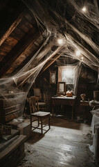 Spooky attic atmosphere with cobwebs draped across the wooden beams creating a mysterious halloween scene