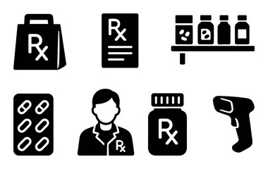 Pharmacy icons: rx bag, medication, pharmacist, scanner, bottles