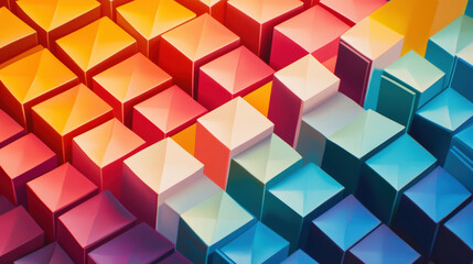 Obraz premium Abstract Geometric Cube Illustration. This image features a geometric arrangement of colorful, pyramidal cubes creating a dynamic and vibrant visual. The play of light and shadow adds depth.