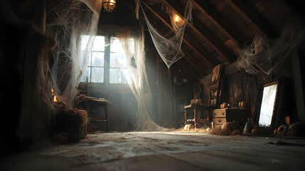 Spooky attic scene with cobwebs and pumpkins bathed in sunlight creating an eerie halloween ambiance