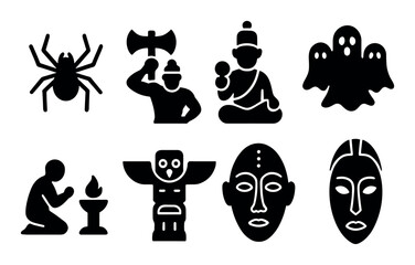 Silhouette icons of cultural symbols: masks, totems, and figures