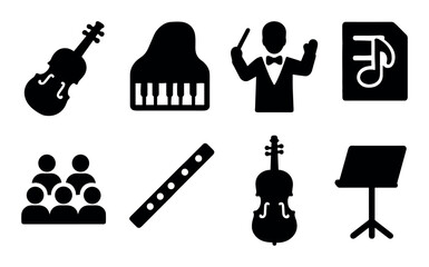 Obraz premium Musical instrument icons featuring piano, violin, conductor, notes