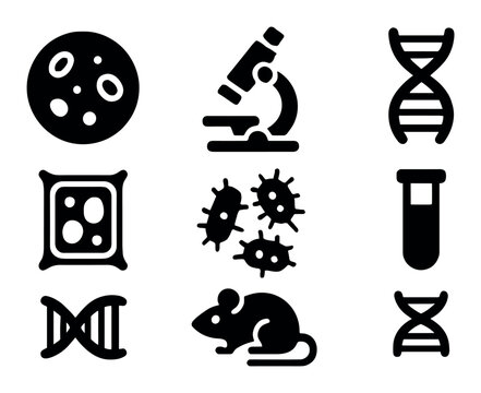 Science icons set: microscope, dna, cells, test tube, bacteria