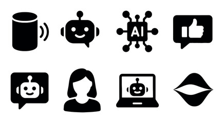 Ai and voice interaction icons including robot, laptop, thumbs up