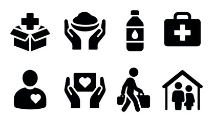 Set of humanitarian aid icons: food, water, shelter, health care