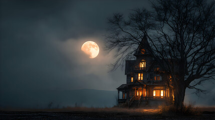 Eerie glow of a haunted house set against a dramatic full moon landscape scene at nighttime