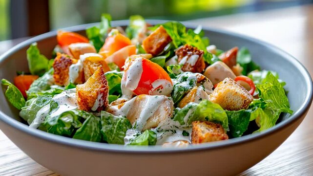 Fresh caesar salad with grilled chicken, croutons, and creamy dressing in a bowl.