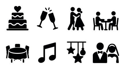 Wedding icons set: cake, dance, dining, and decorations