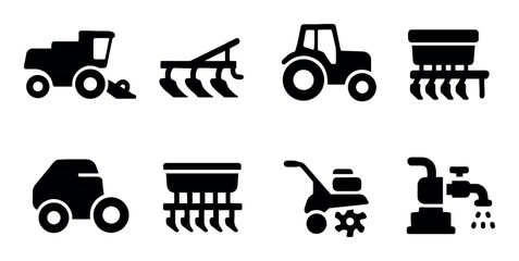 Set of eight black farm equipment icons on white background