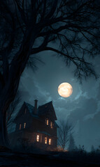 Fototapeta premium Moonlit manor a silhouette against the night sky evokes mystery and an uncanny aura of seclusion beckons