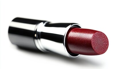 Fototapeta premium Glamour Close-up Rich Burgundy Lipstick in a Silver Tube Isolated Against a Clean White Background