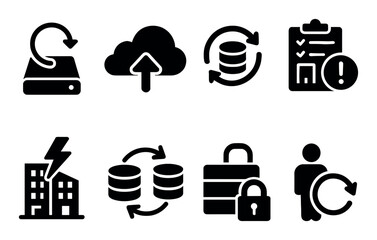 Data backup and recovery icons set with cloud and security symbols