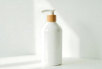 Minimal speckled pump bottle with wooden top on white background for product branding and marketing.