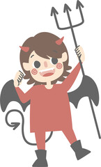 happy halloween holiday festival with boy wearing devil costume holding trident, flat png illustration cartoon
